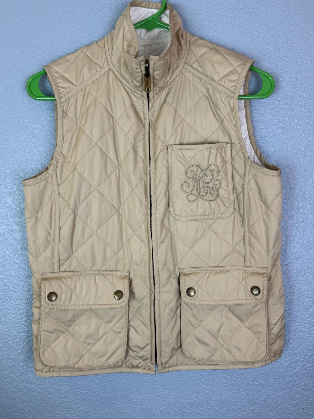 Lauren Ralph Lauren Vest Womens Small White Tan Quilted Reversible RL Monogram